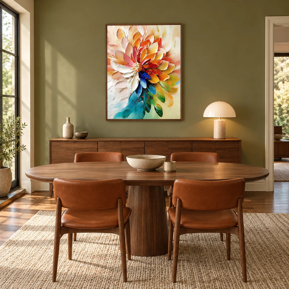 Vibrant Rainbow Dahlia Thick Impasto Floral Art TA#0354 — Dark Wood Frame existing room preview