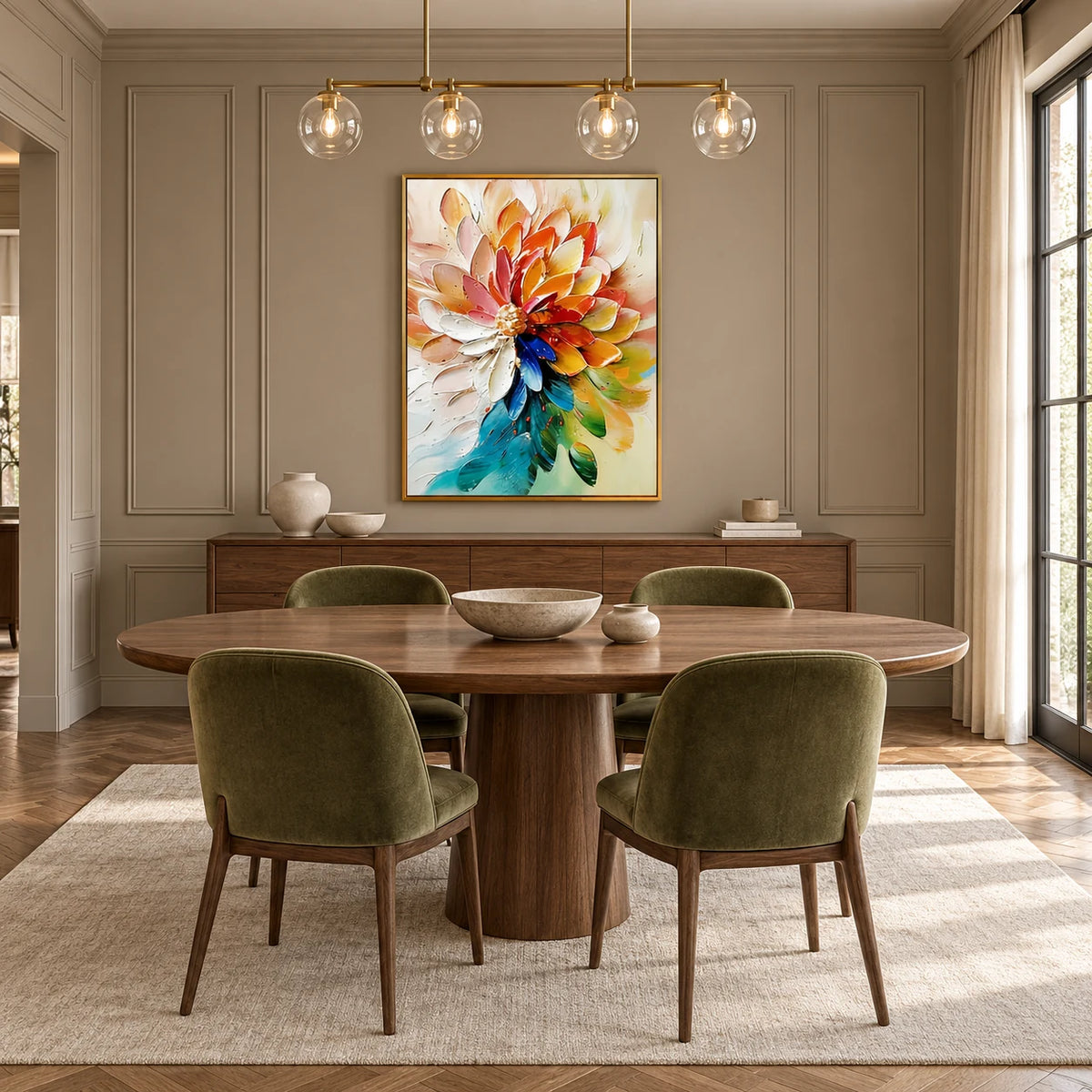 Vibrant Rainbow Dahlia Thick Impasto Floral Art TA#0354 — Gold Frame existing room preview