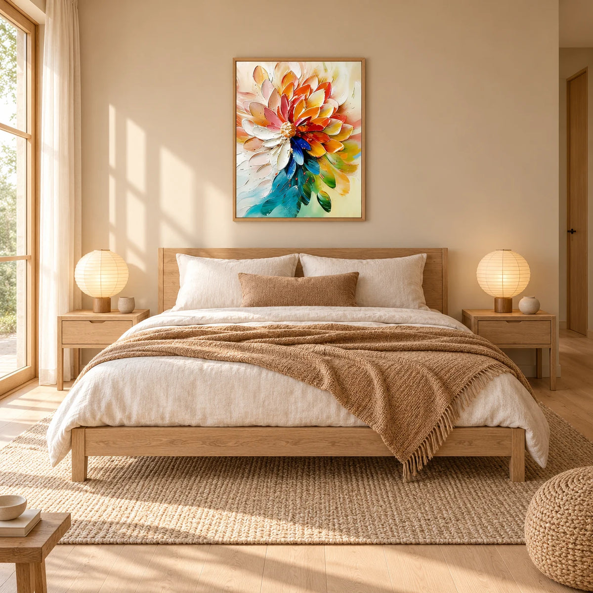 Vibrant Rainbow Dahlia Thick Impasto Floral Art TA#0354 — Wood Frame existing room preview