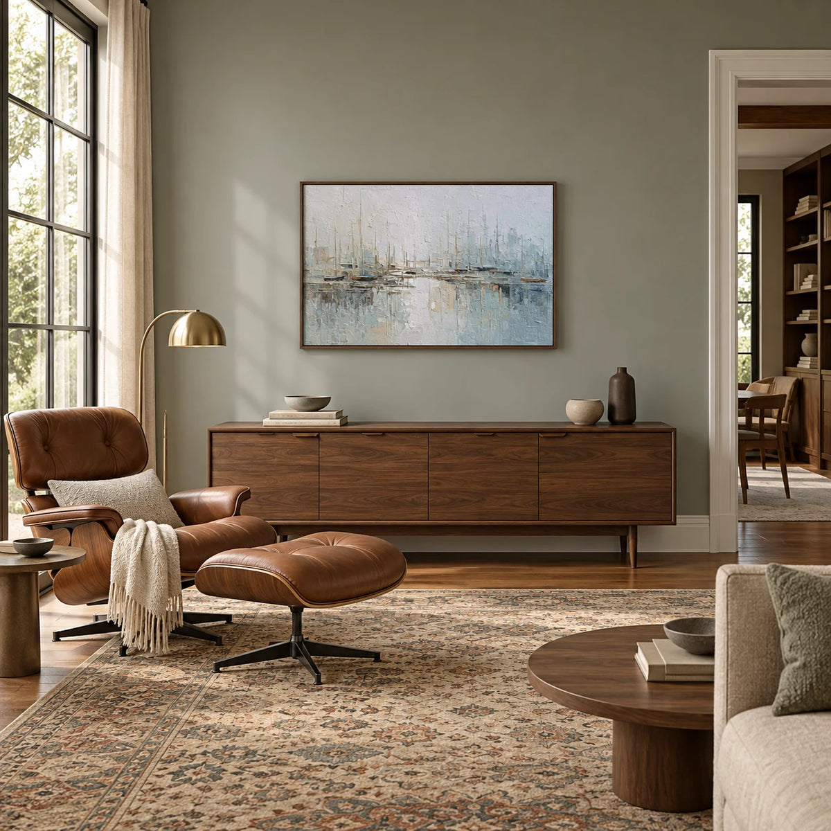 Misty Harbor Sailboat Canvas Painting in Soft Blue Tones TA#1208 — Dark Wood Frame existing room preview