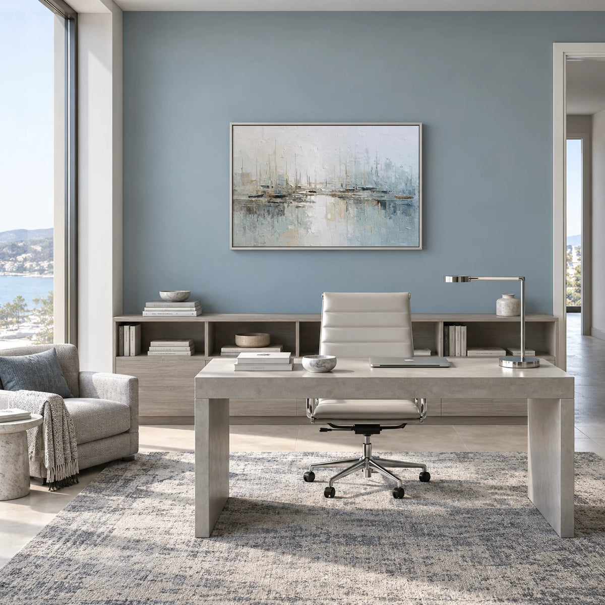 Misty Harbor Sailboat Canvas Painting in Soft Blue Tones TA#1208 — Silver Frame existing room preview