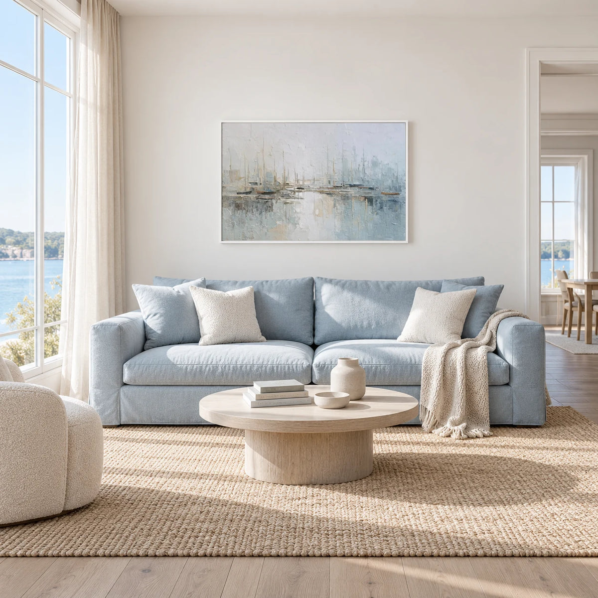 Misty Harbor Sailboat Canvas Painting in Soft Blue Tones TA#1208 — White Frame existing room preview