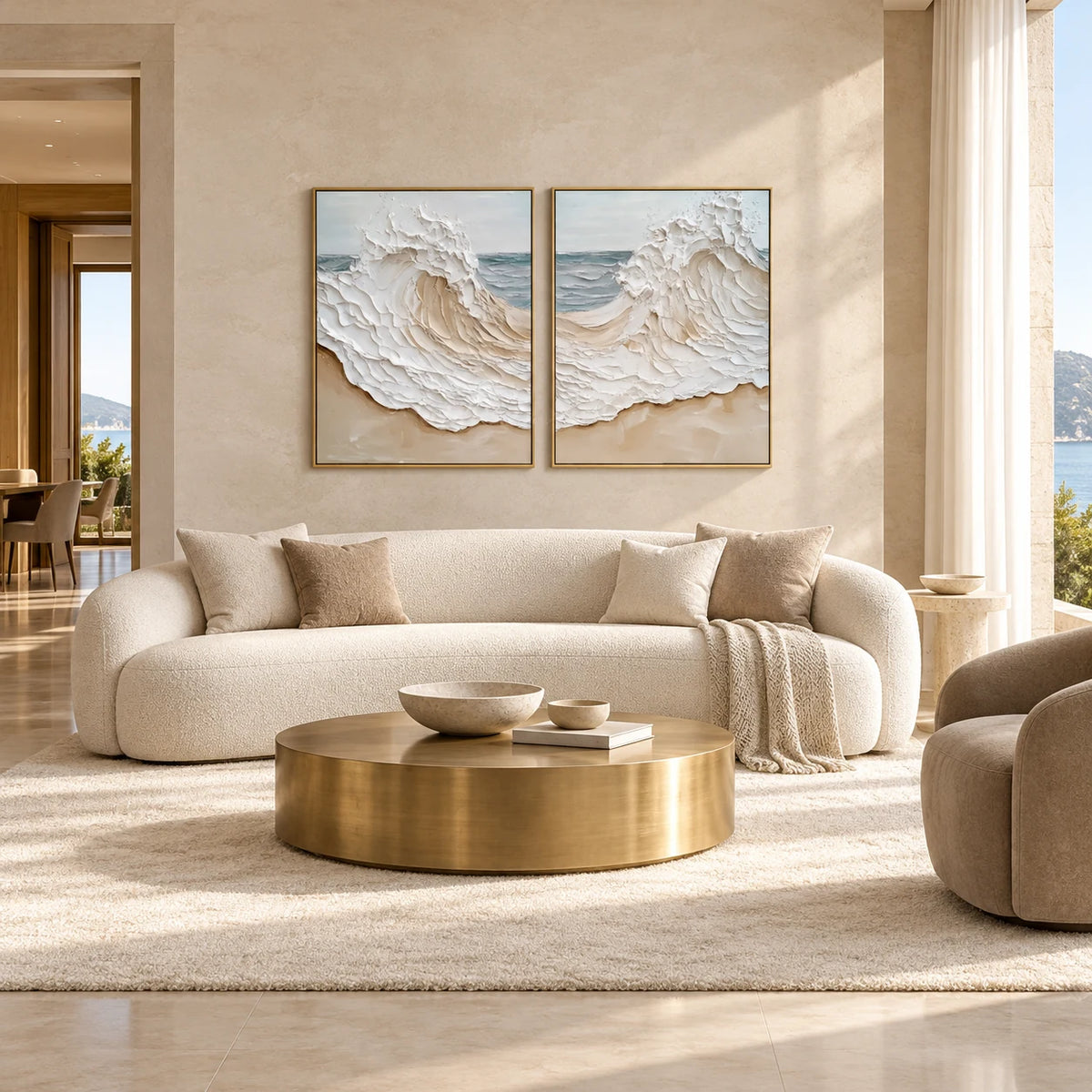 Diptych Coastal Wave Canvas Painting Set in Neutral Tones TA#1211 — Gold Frame existing room preview