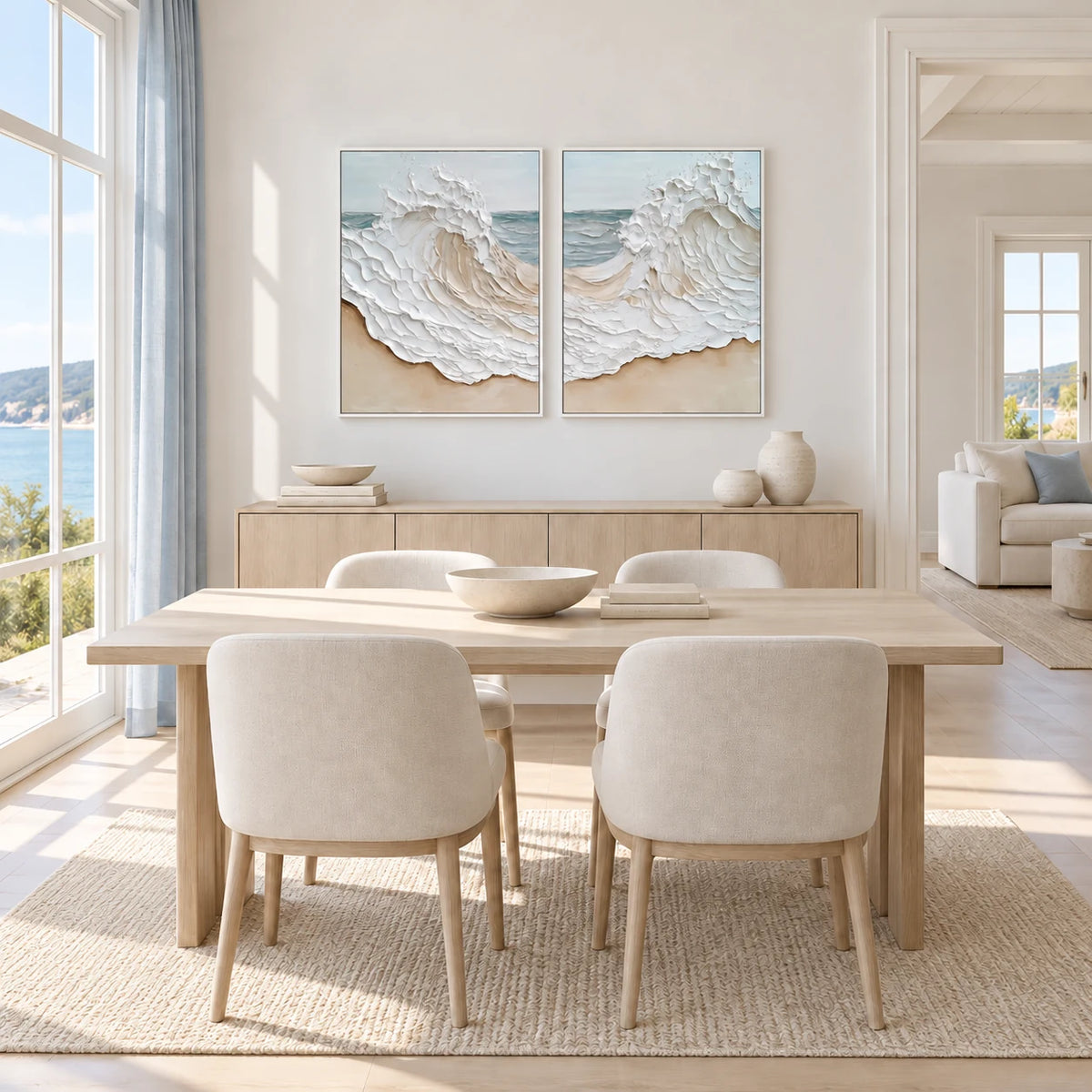 Diptych Coastal Wave Canvas Painting Set in Neutral Tones TA#1211 — White Frame existing room preview