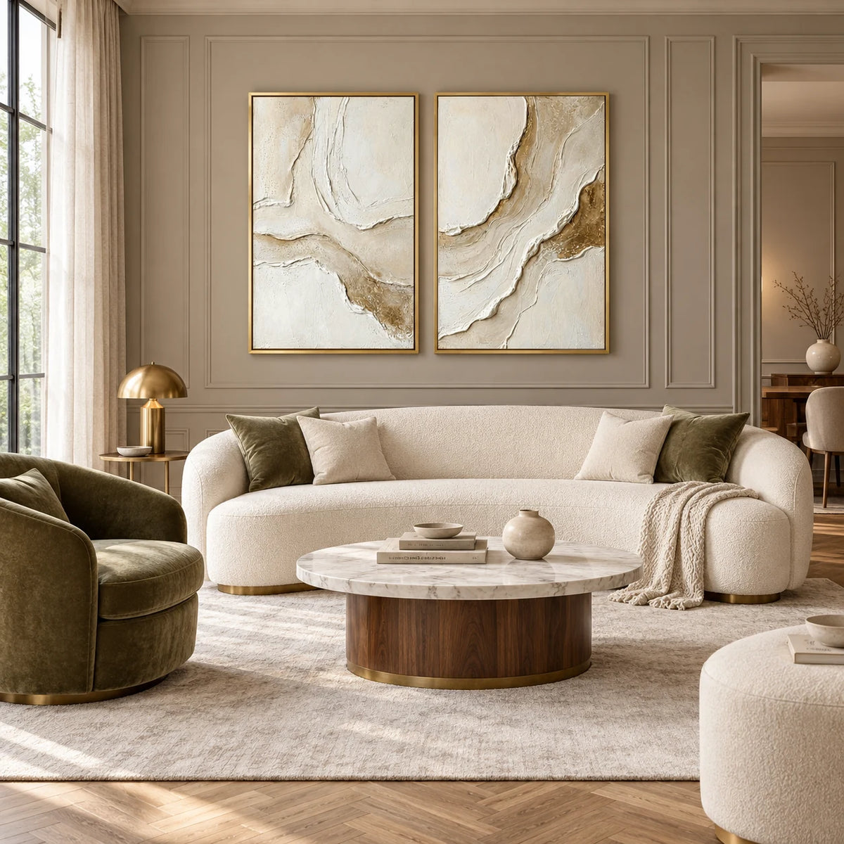 Gold Vein Abstract Diptych Canvas Painting Neutral Art TA#1217 — Gold Frame existing room preview