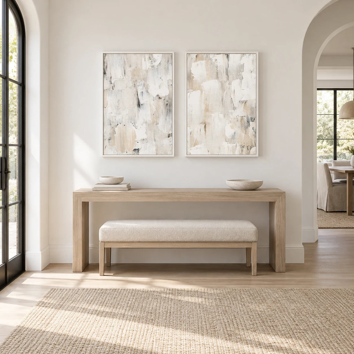 Neutral Abstract Canvas Painting Set with Soft Layers TA#1219 — White Frame existing room preview