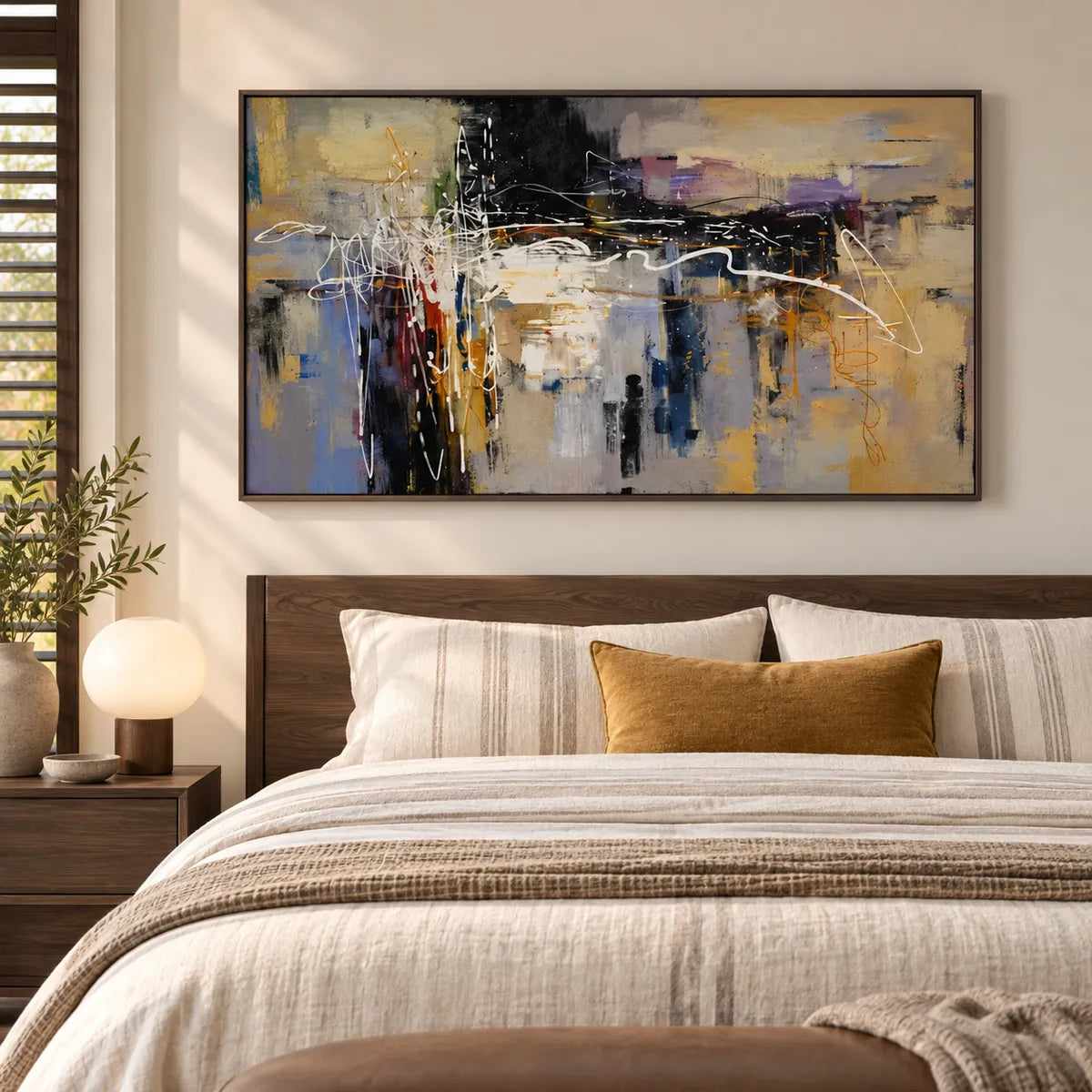 Neutral Abstract Cityscape Painting TA#2901 — Dark Wood Frame existing room preview