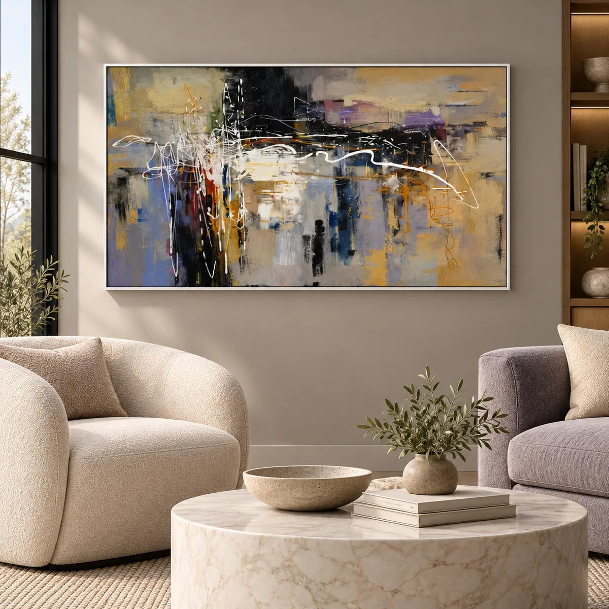 Neutral Abstract Cityscape Painting TA#2901 — White Frame existing room preview