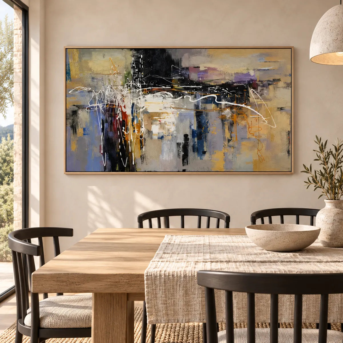 Neutral Abstract Cityscape Painting TA#2901 — Wood Frame existing room preview