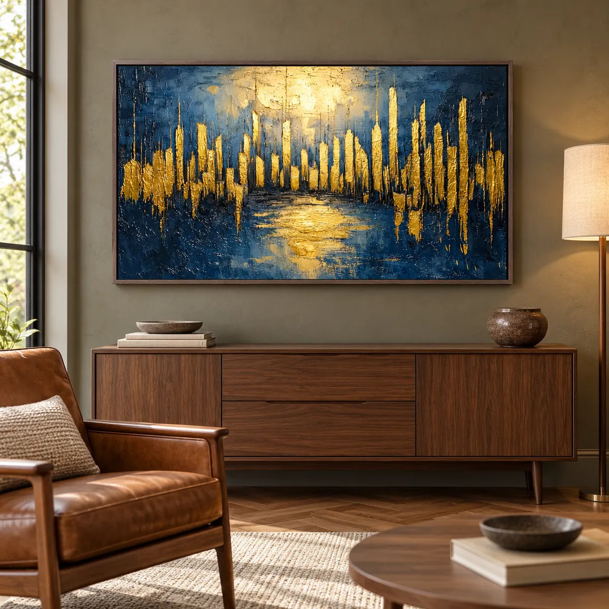 Navy Blue & Gold Abstract Painting TA#2902 — Dark Wood Frame existing room preview