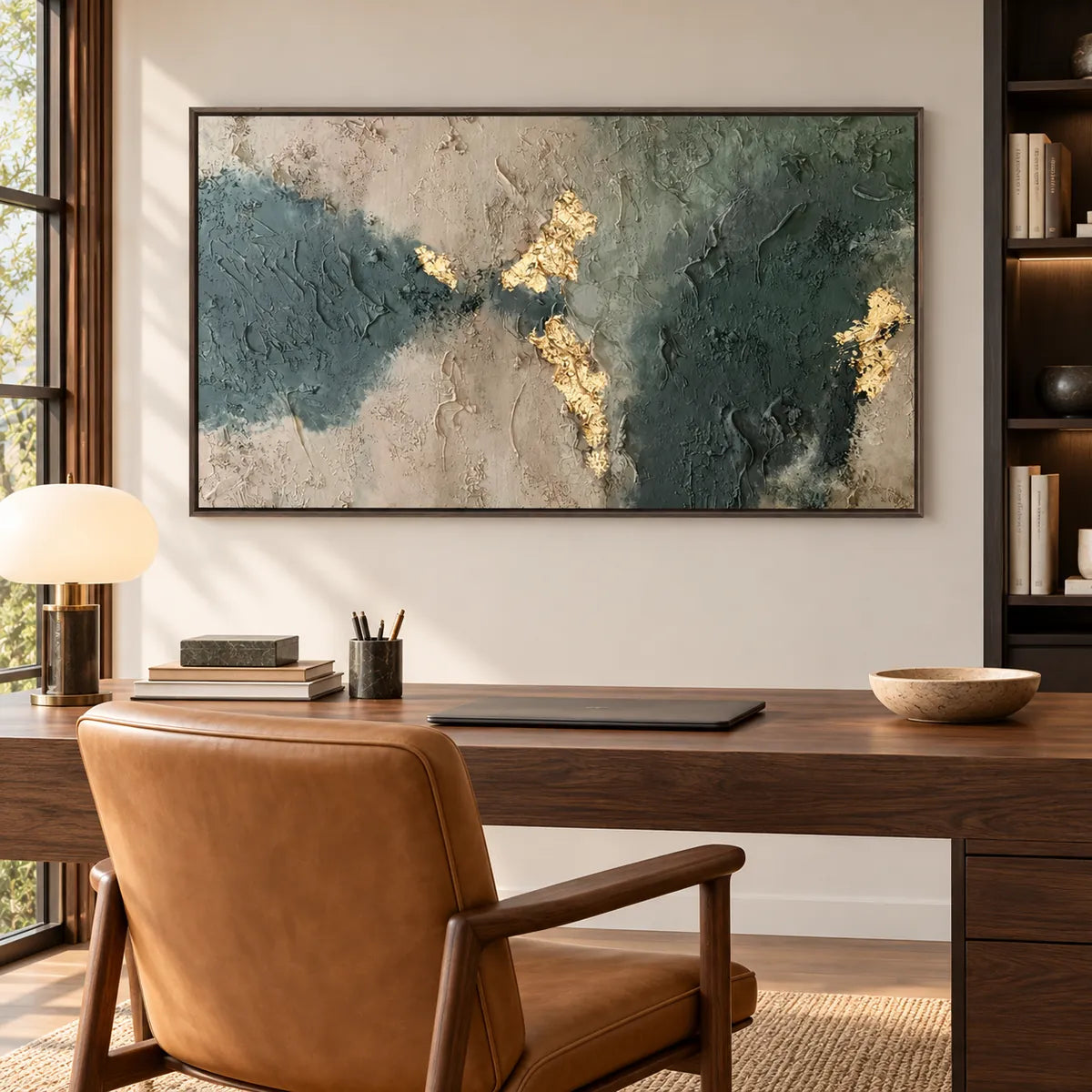 Forest Green Gray Gold Leaf Abstract Painting TA#2903 — Dark Wood Frame existing room preview