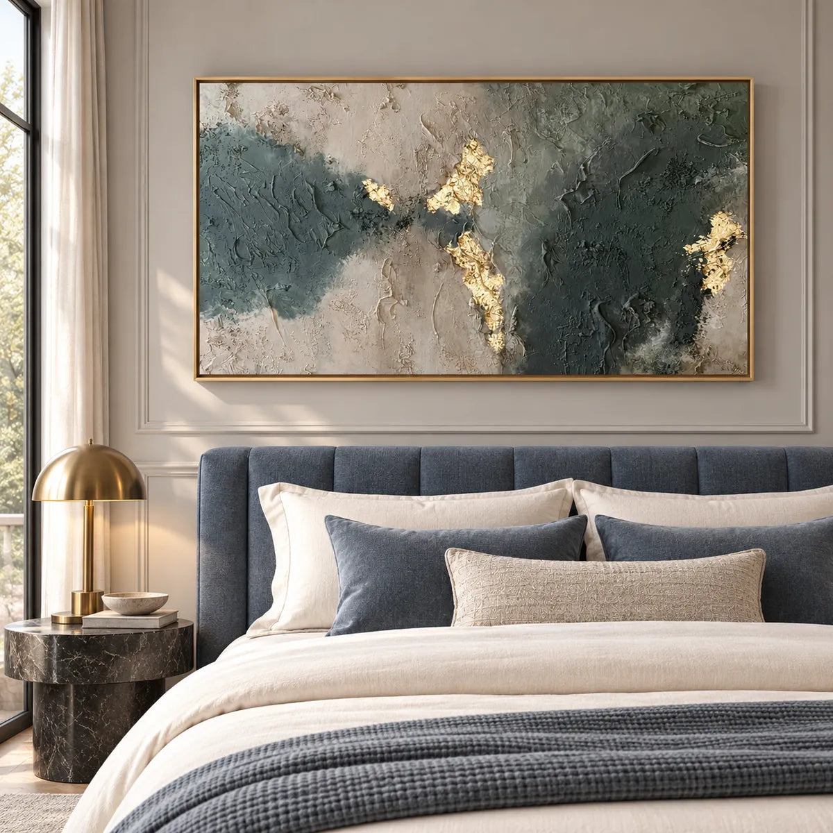 Forest Green Gray Gold Leaf Abstract Painting TA#2903 — Gold Frame existing room preview