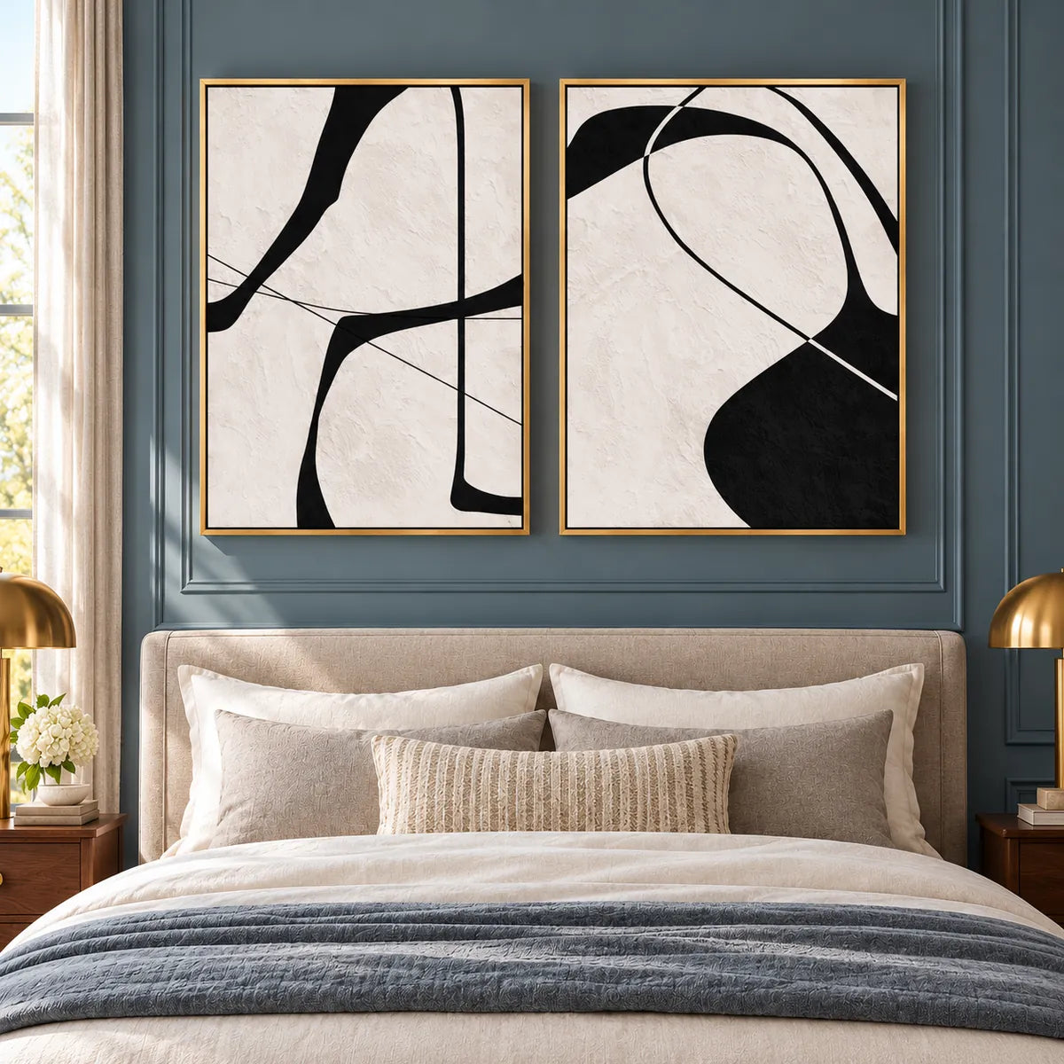Black and White Minimalist Diptych Abstract Painting TA#2904 — Gold Frame existing room preview