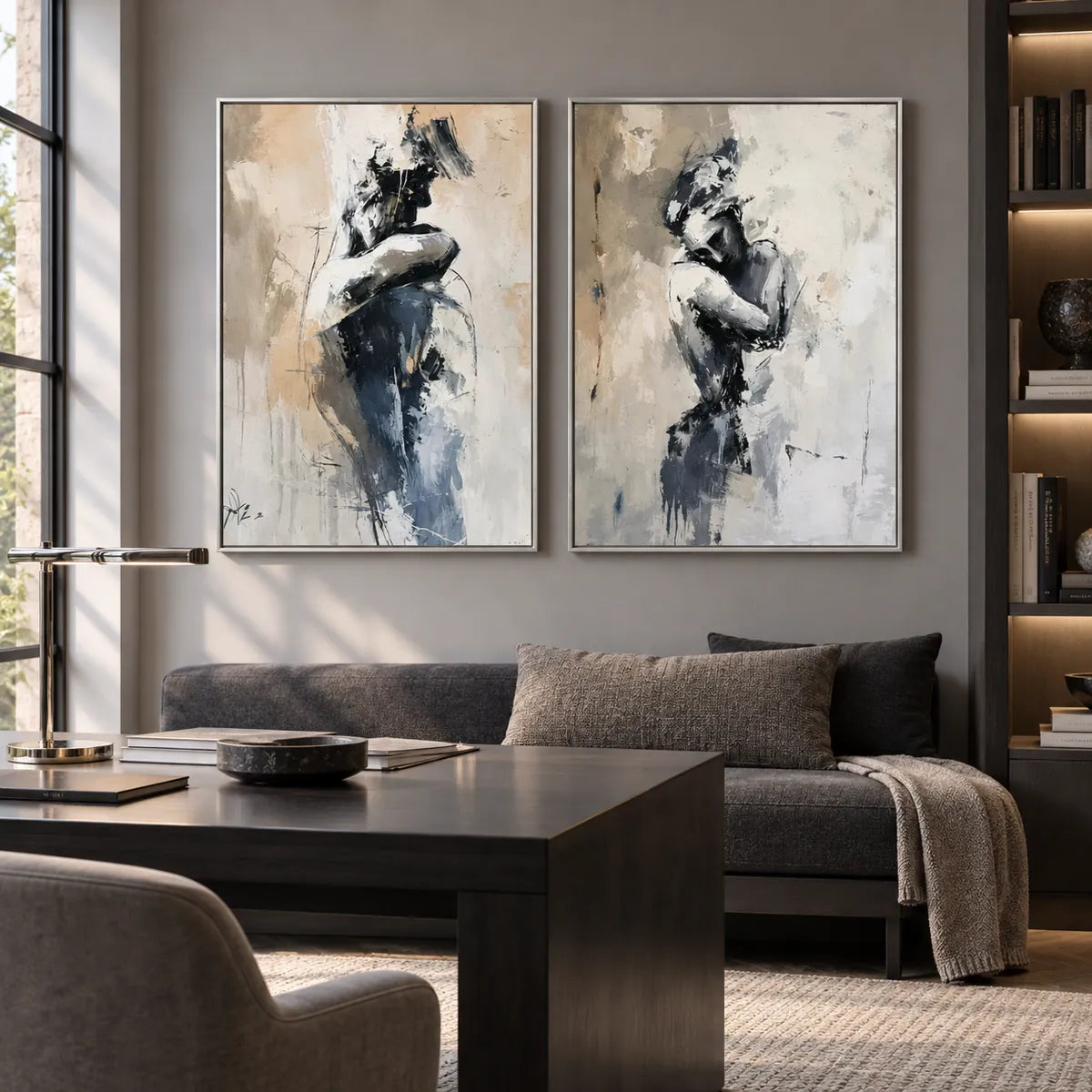 Gray Beige Figurative Diptych Abstract Painting TA#2905 — Silver Frame existing room preview