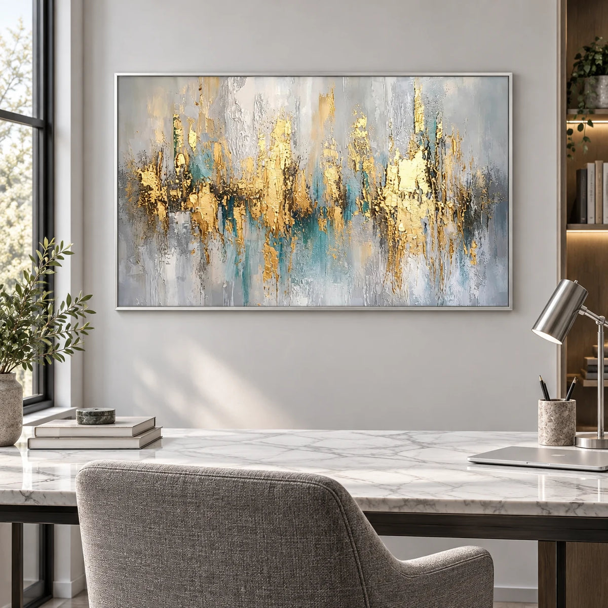 Blue and Gold Abstract Landscape Painting TA#2908 — Silver Frame existing room preview