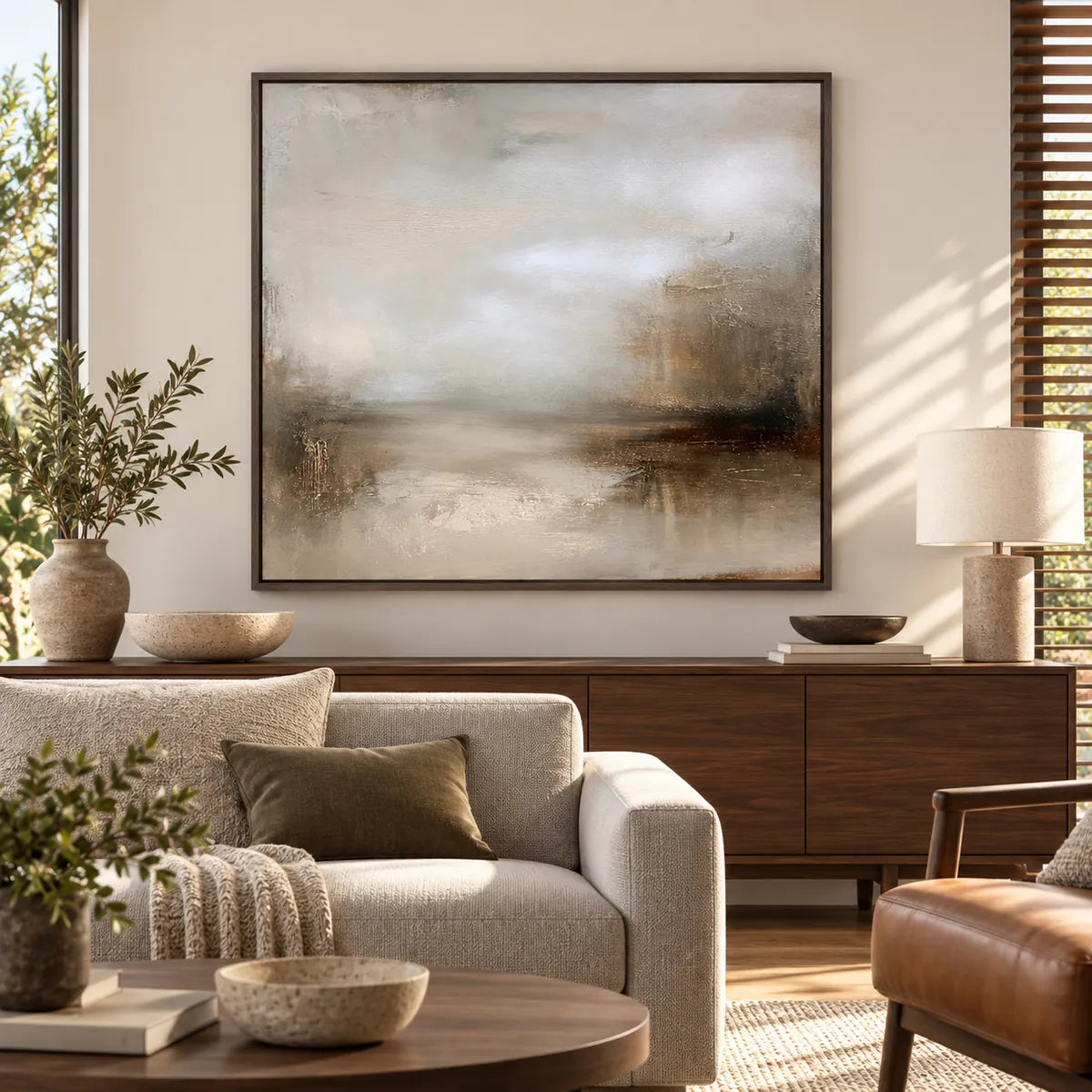 Beige Gray Minimal Abstract Painting TA#2909 — Dark Wood Frame existing room preview