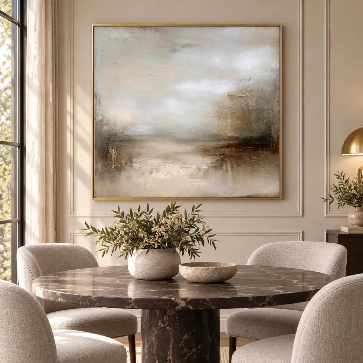Beige Gray Minimal Abstract Painting TA#2909 — Gold Frame existing room preview