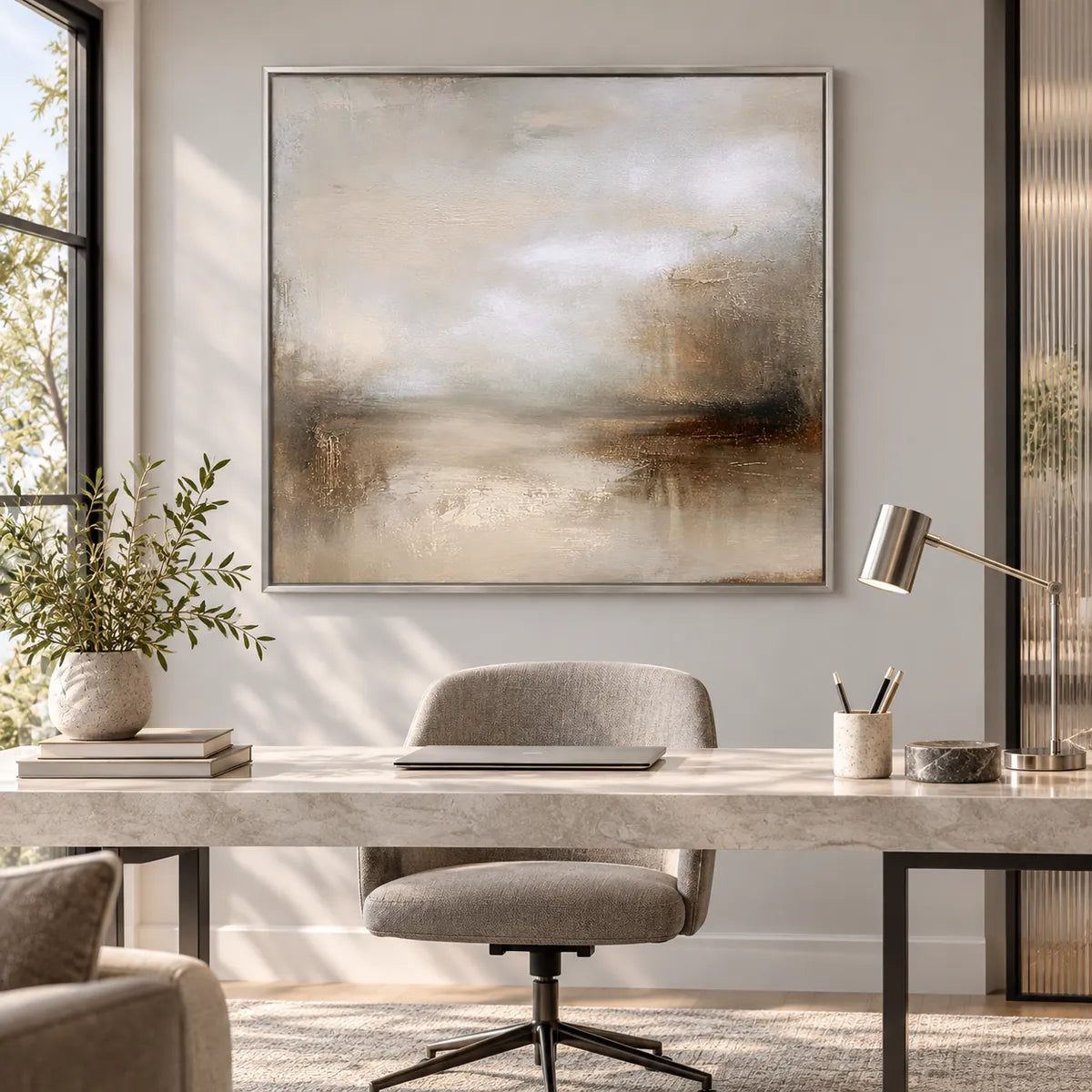 Beige Gray Minimal Abstract Painting TA#2909 — Silver Frame existing room preview