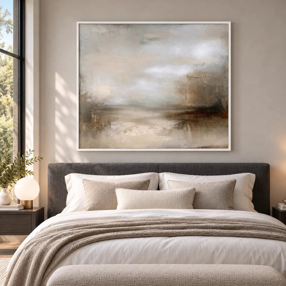 Beige Gray Minimal Abstract Painting TA#2909 — White Frame existing room preview