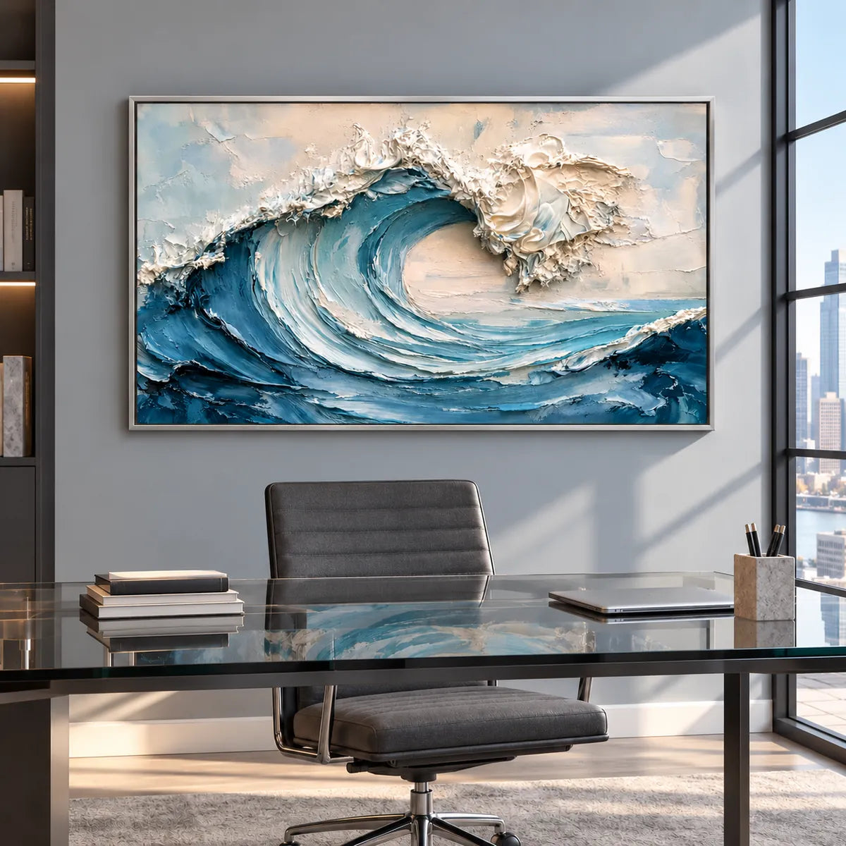 Blue and White Textured Wave Painting TA#2911 — Silver Frame existing room preview