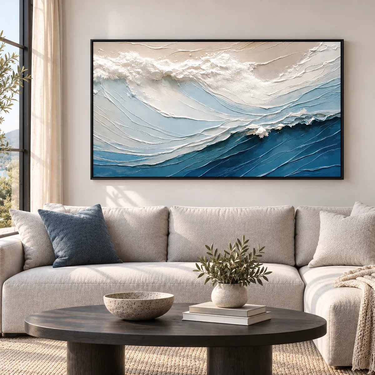 Blue and White Minimal Wave Textured Painting TA#2912 — Existing room preview room preview