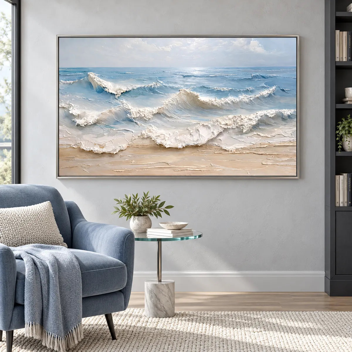 Coastal Textured Seascape Painting TA#2913 — Silver Frame existing room preview