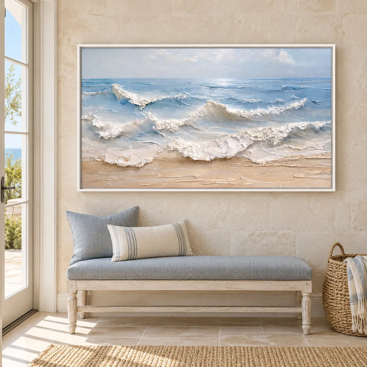 Coastal Textured Seascape Painting TA#2913 — White Frame existing room preview