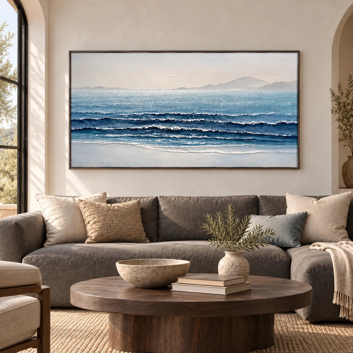 Serene Horizon Seascape Painting TA#2914 — Dark Wood Frame existing room preview