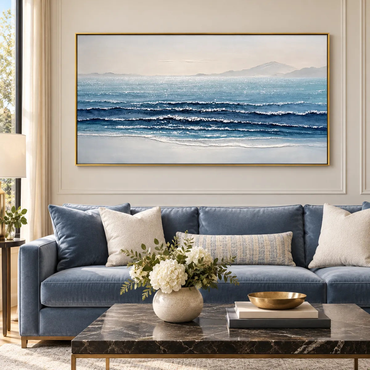 Serene Horizon Seascape Painting TA#2914 — Gold Frame existing room preview
