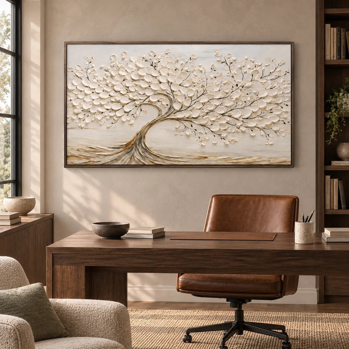 Cream White Textured Tree Relief Painting TA#2915 — Dark Wood Frame existing room preview