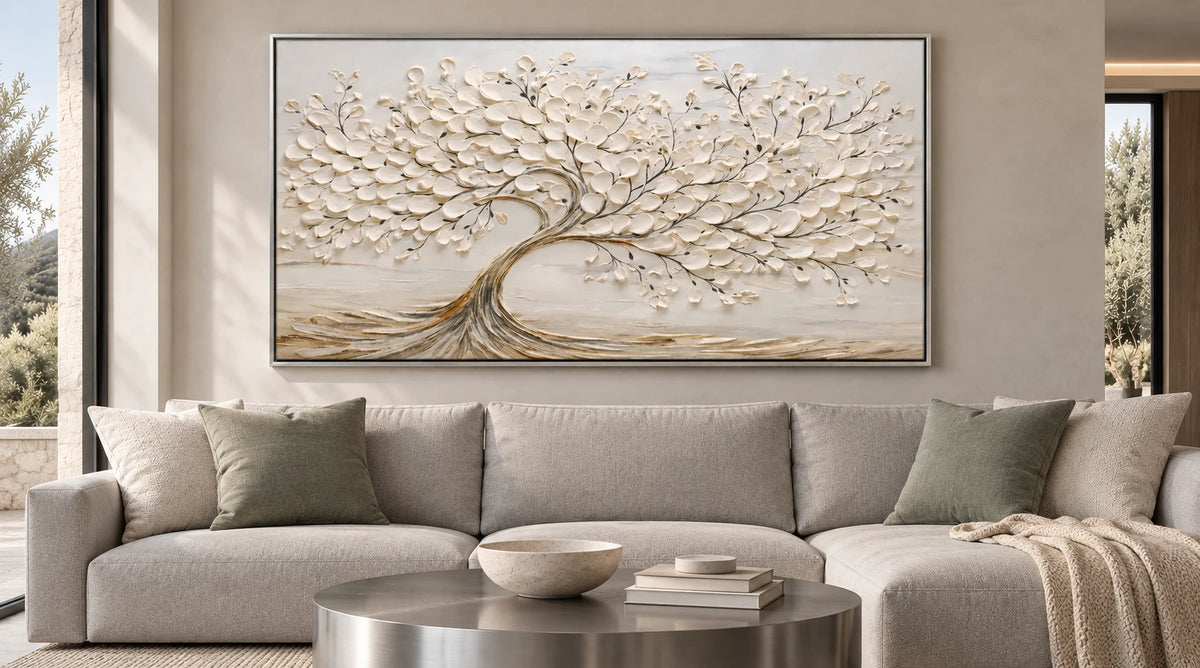 Cream White Textured Tree Relief Painting TA#2915 — Silver Frame existing room preview