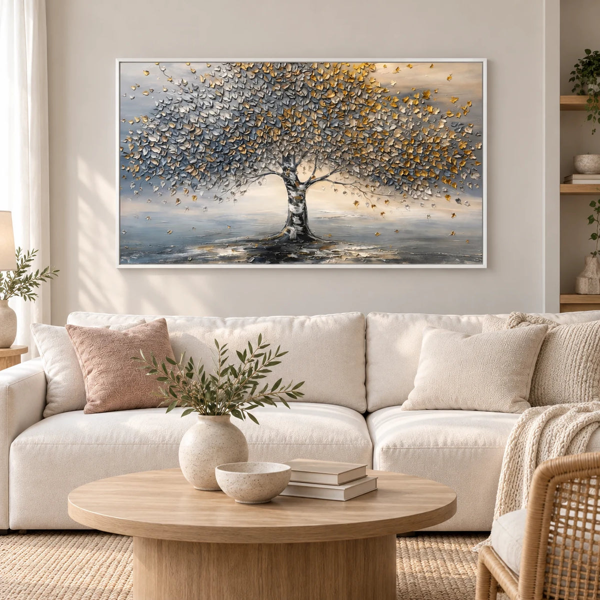 Silver and Gold Tree of Life Textured Painting TA#2916 — White Frame existing room preview