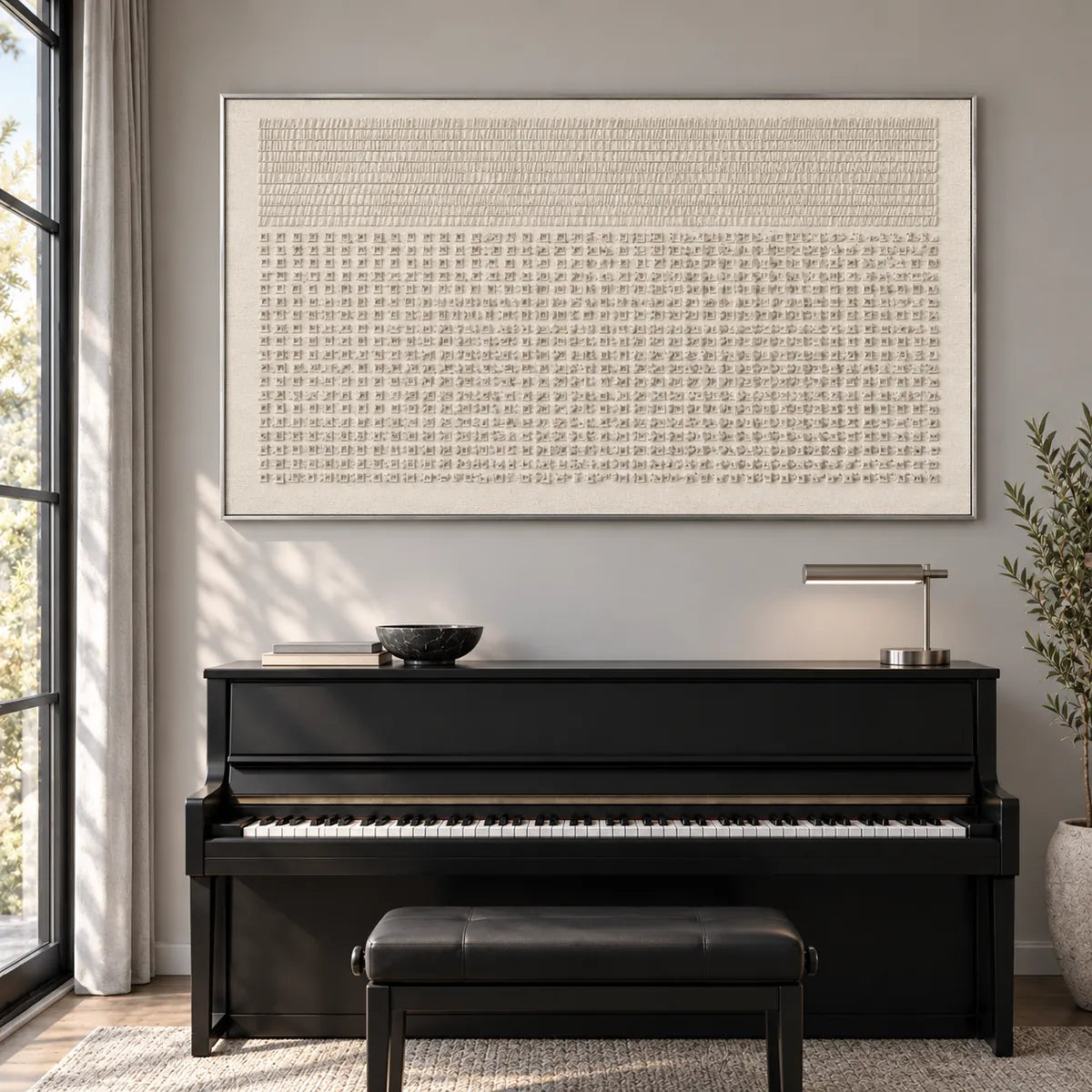 Beige Minimal Textured Abstract Painting TA#2918 — Silver Frame existing room preview