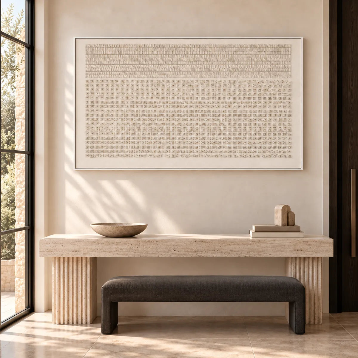 Beige Minimal Textured Abstract Painting TA#2918 — White Frame existing room preview