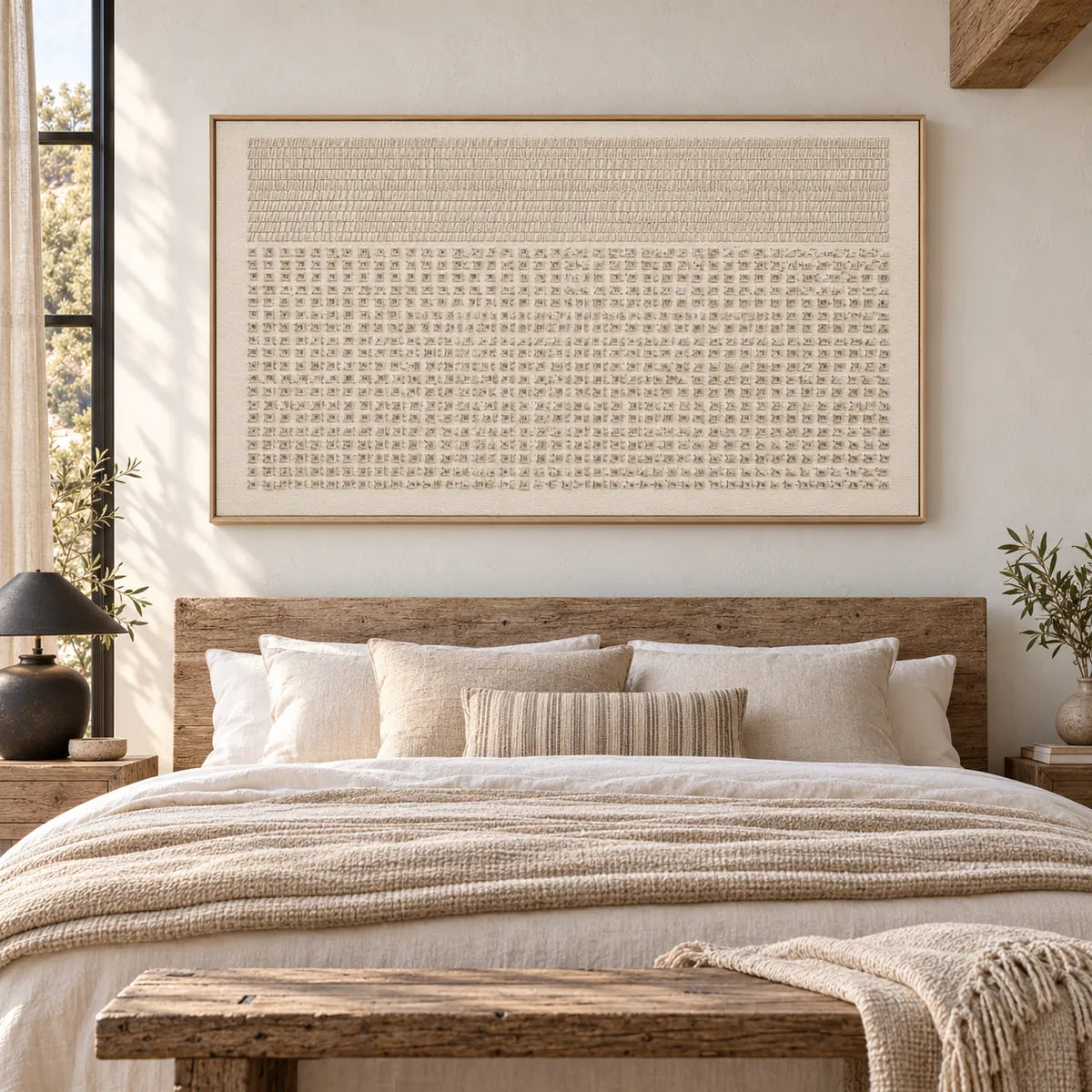 Beige Minimal Textured Abstract Painting TA#2918 — Wood Frame existing room preview