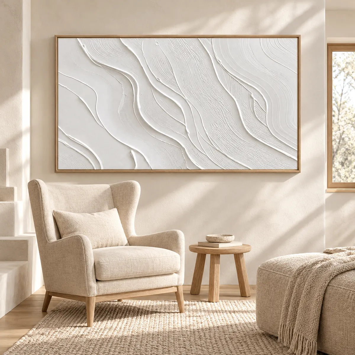 White Minimal Line Textured Abstract Painting TA#2919 — Wood Frame existing room preview