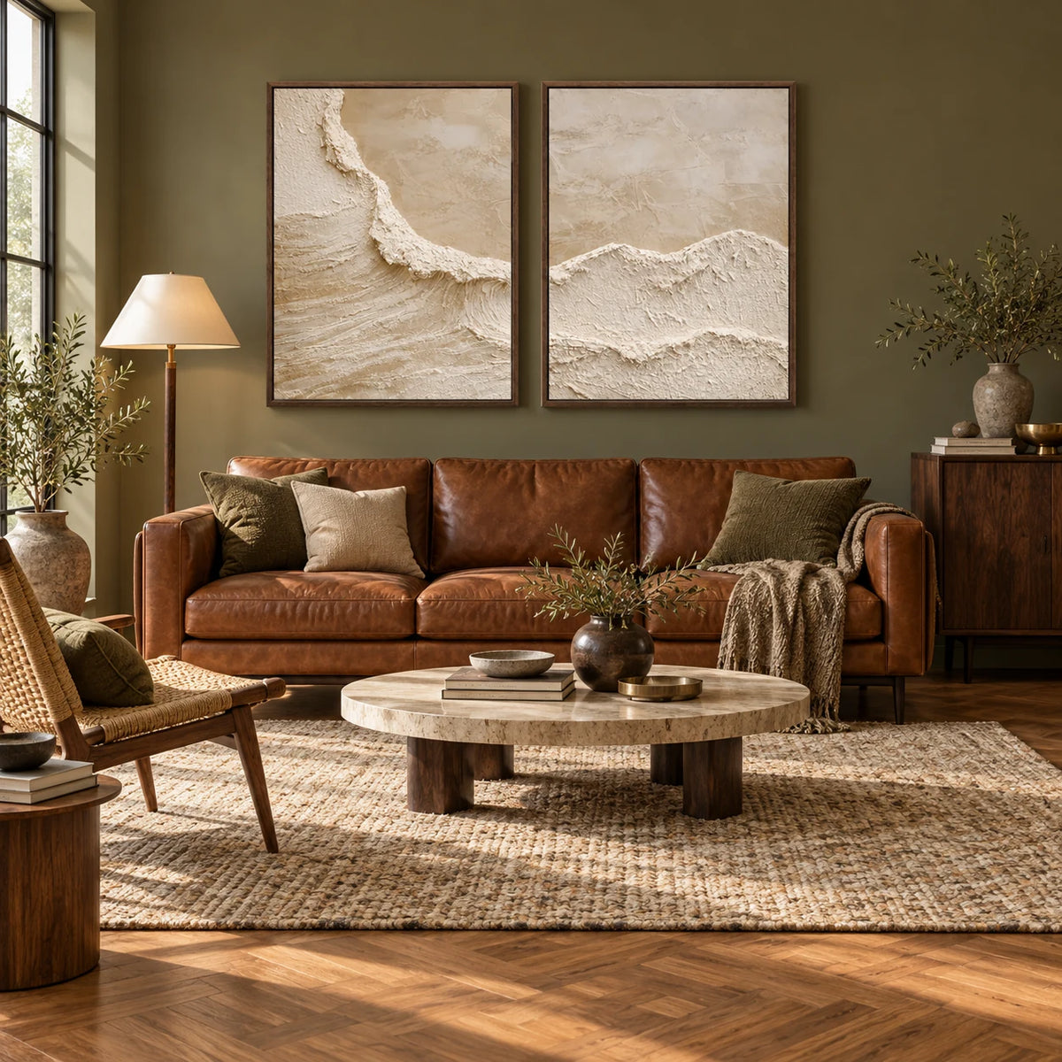Textured Abstract Oil Painting Set for Living Room TA#2920 — Dark Wood Frame existing room preview