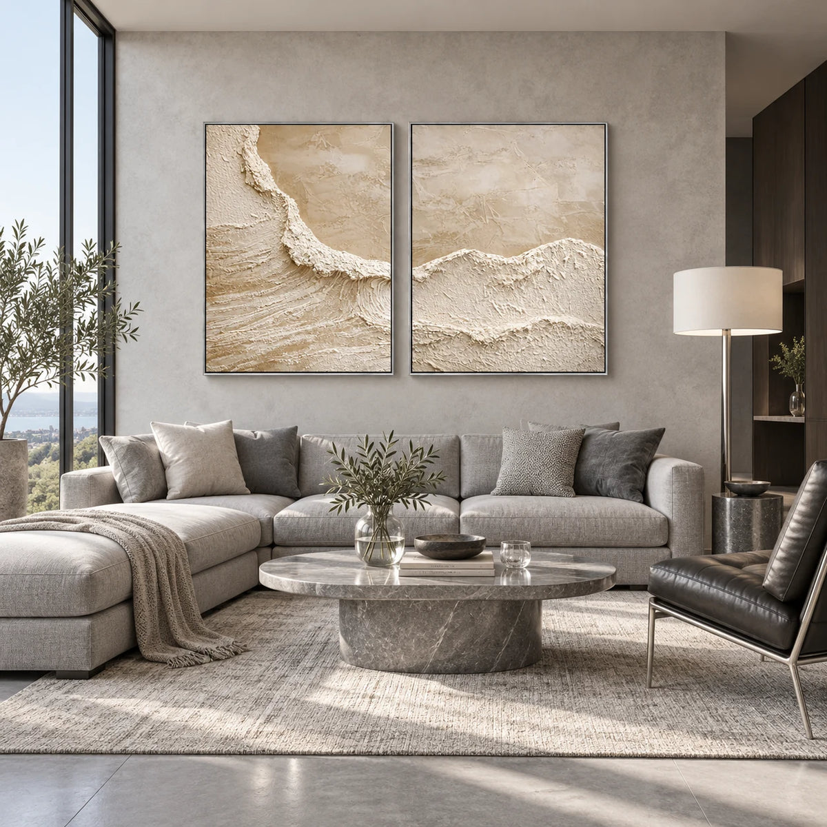 Textured Abstract Oil Painting Set for Living Room TA#2920 — Silver Frame existing room preview