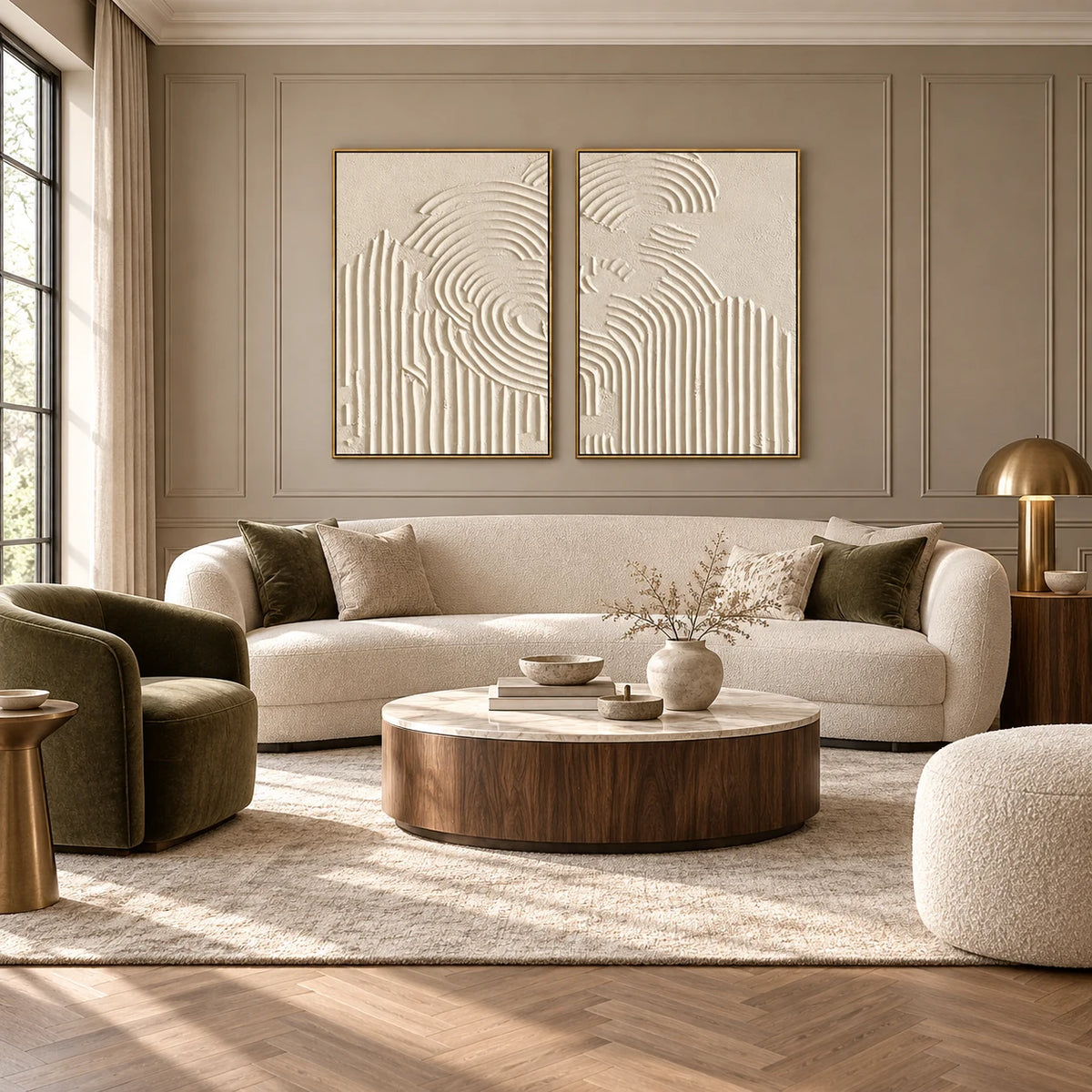 Ivory Grooved Relief Textured Diptych TA#2922 — Gold Frame existing room preview