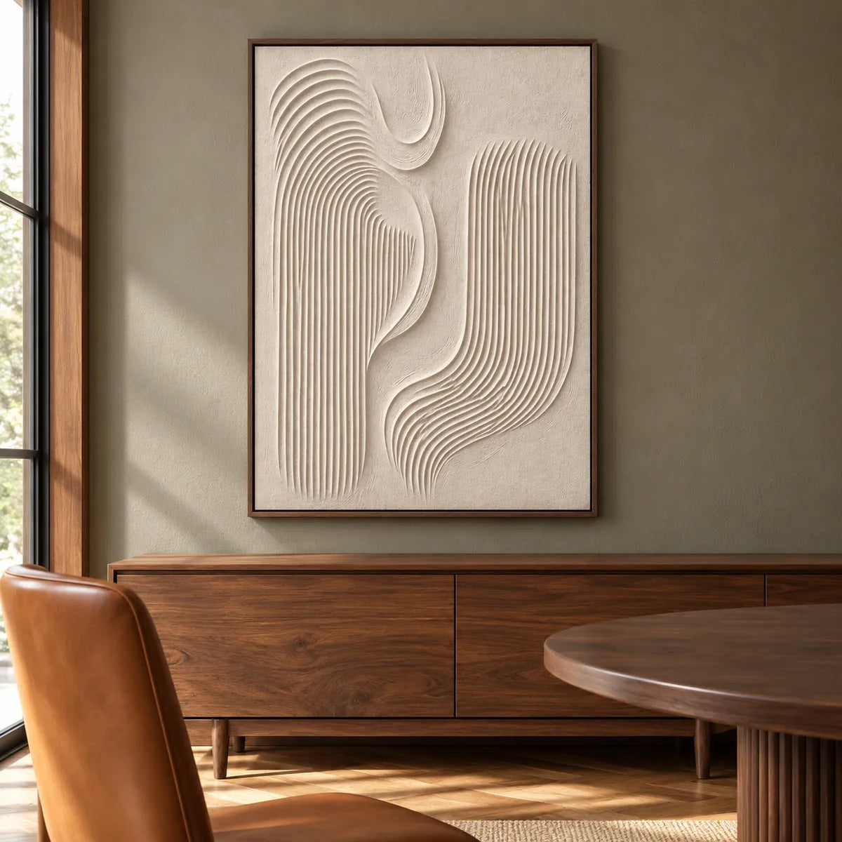Cream Ivory Grooved Relief Abstract Painting TA#2923 — Dark Wood Frame existing room preview