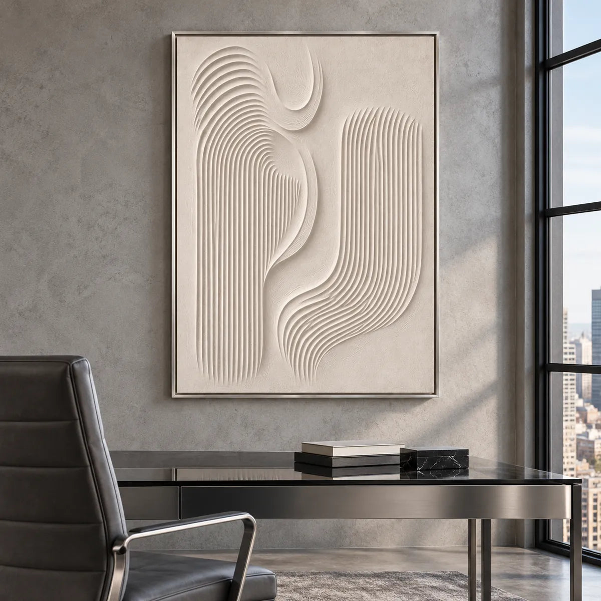Cream Ivory Grooved Relief Abstract Painting TA#2923 — Silver Frame existing room preview
