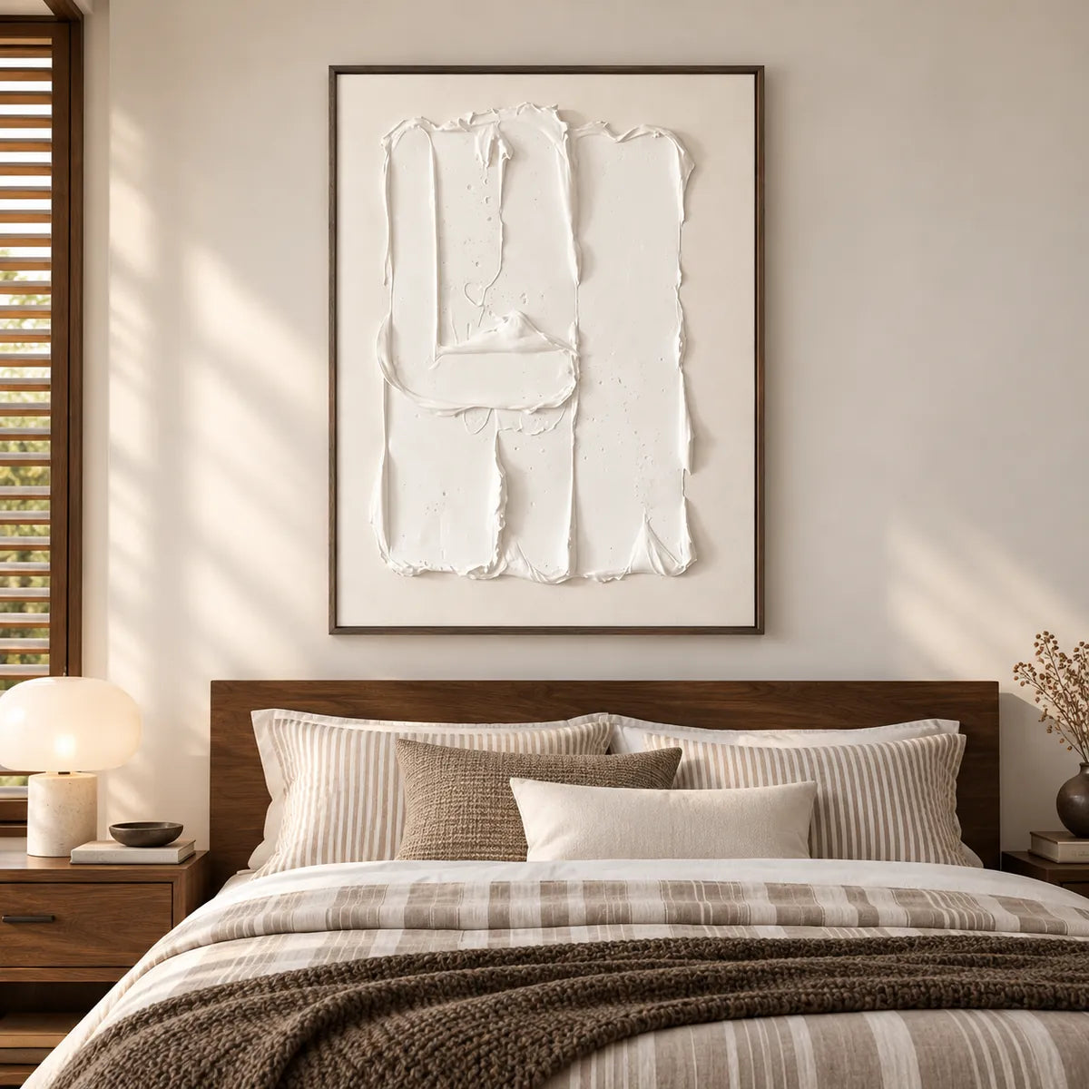 Minimal White Impasto Textured Abstract Painting TA#2924 — Dark Wood Frame existing room preview