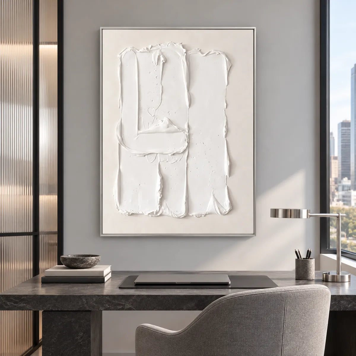 Minimal White Impasto Textured Abstract Painting TA#2924 — Silver Frame existing room preview