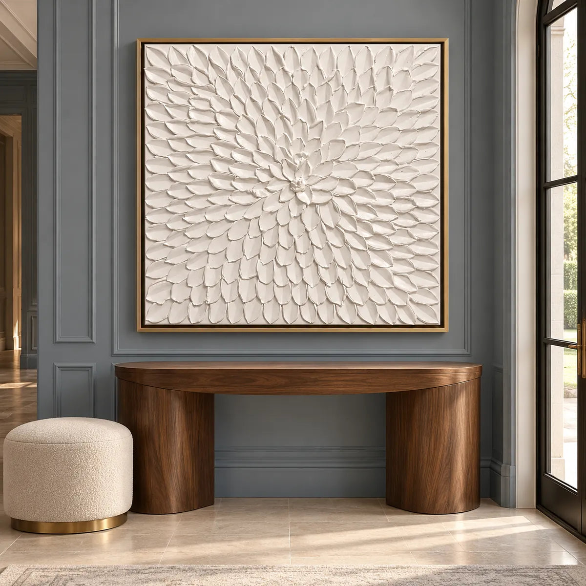 White Petal Relief Textured Abstract Painting TA#2925 — Gold Frame existing room preview