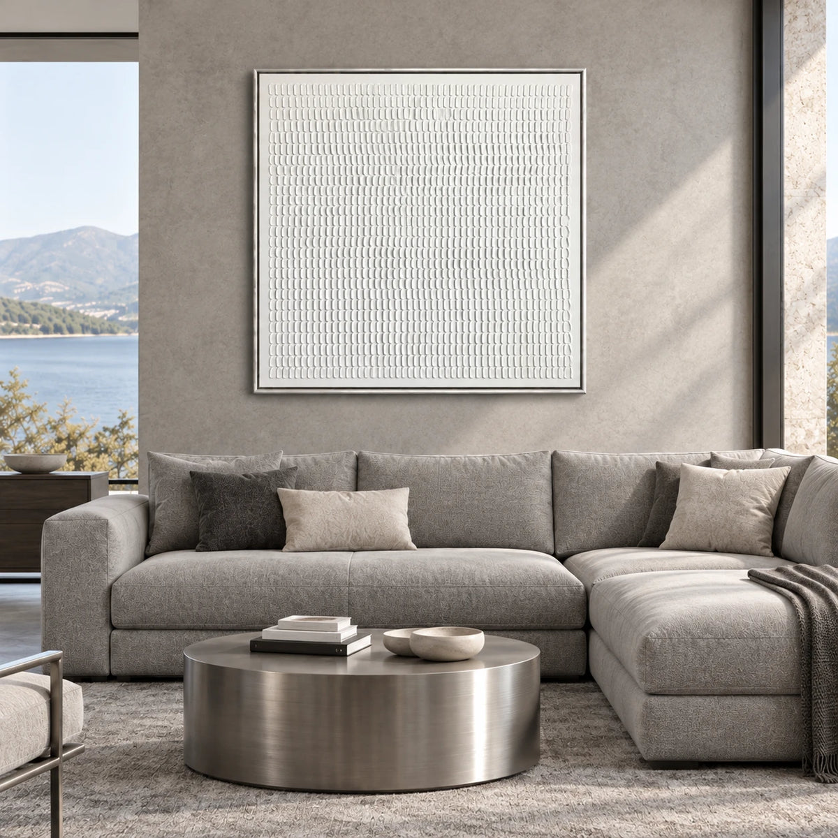 White Geometric Grid Relief Textured Painting TA#2926 — Silver Frame existing room preview