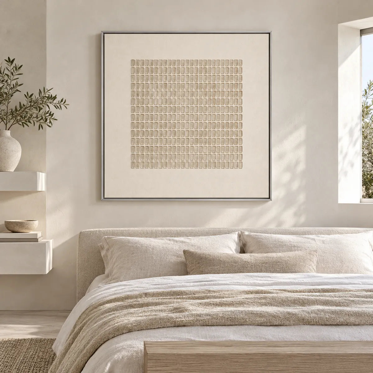 Ivory Minimal Grid Embossed Relief Painting TA#2927 — Silver Frame existing room preview