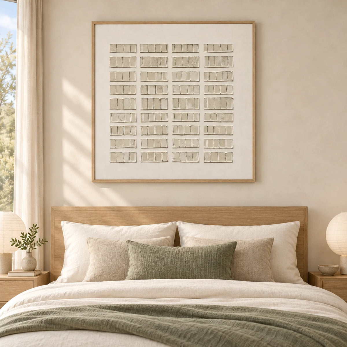 Greige Block-Grid Relief Textured Abstract Painting TA#2928 — Wood Frame existing room preview