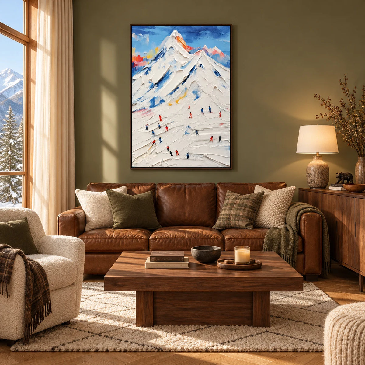 Impasto Ski Mountain Landscape Painting TA#2929 — Dark Wood Frame existing room preview