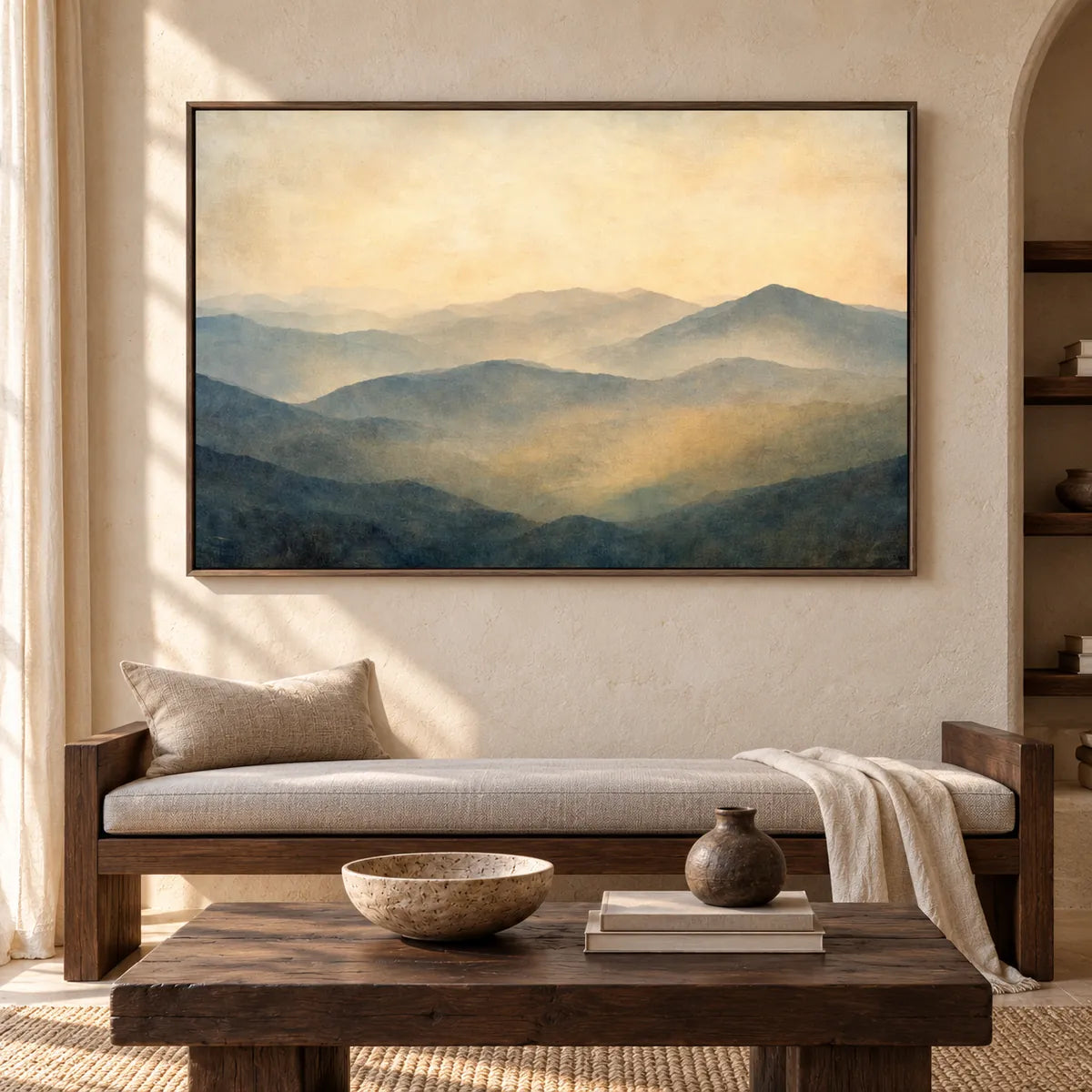 Warm Misty Mountain Landscape Painting TA#2930 — Dark Wood Frame existing room preview