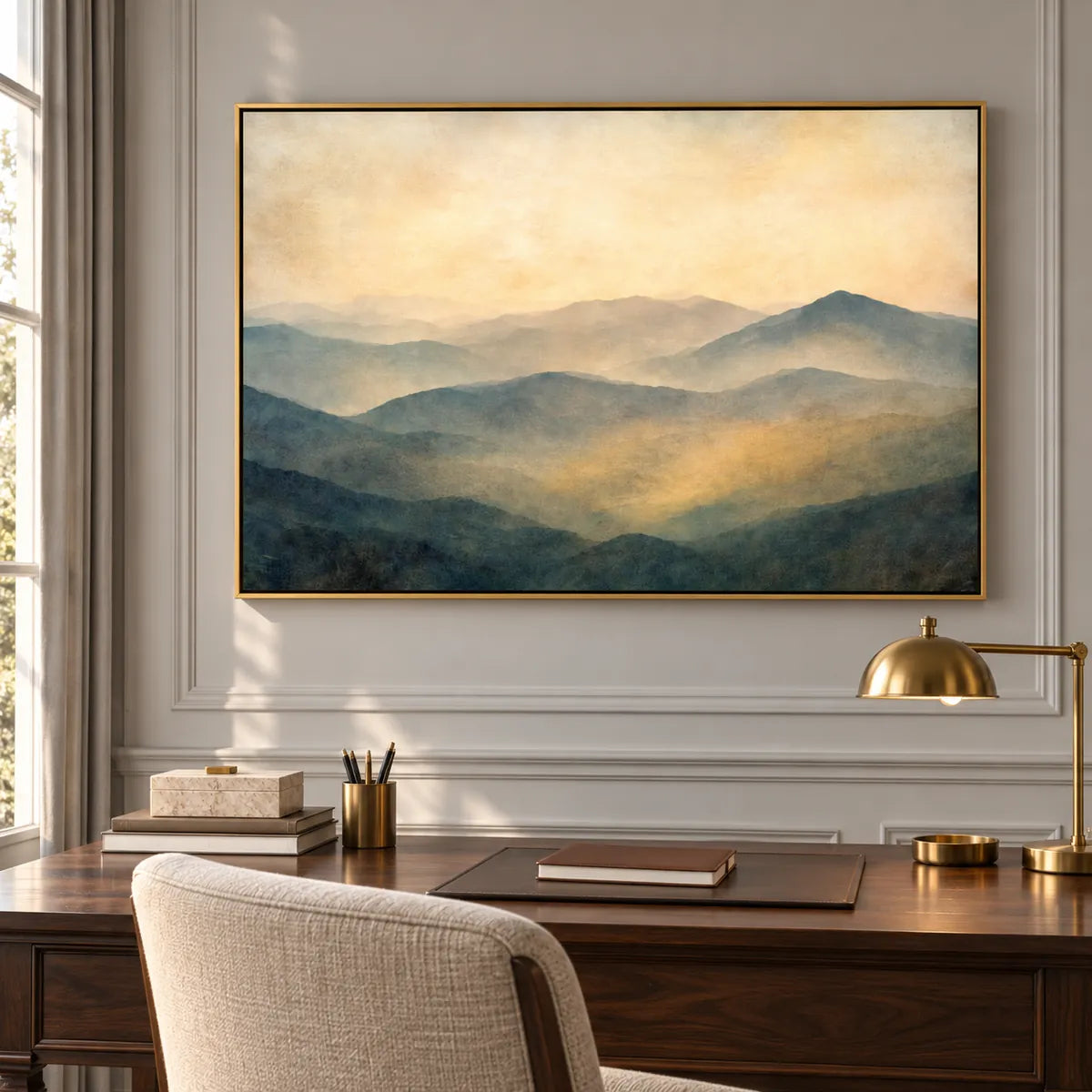 Warm Misty Mountain Landscape Painting TA#2930 — Gold Frame existing room preview